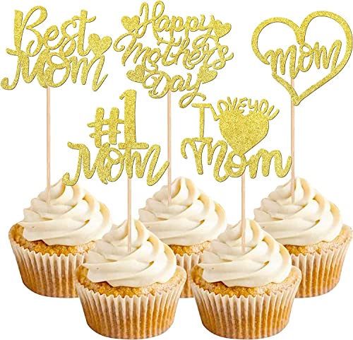 30 Stück Happy Mother's Day Tortendeko, Buntes Glitzern Herz #1 Mom Best Mom Cupcake Toppers Kuchen Deko Cake Topper Kuchen Dekorationen für Glückliche Muttertag Thema Frauen Geburtstag Party Gold von SYKYCTCY