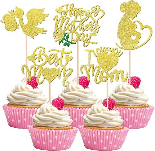 30 Stück Happy Mother's Day Tortendeko, Glitter Schwangere Frauen Love Mother Cupcake Picks Best Mom Deko Kuchen für glückliche Muttertag Thema Frauen Geburtstag Party Kuchen Dekorationen Zubehör Gold von SYKYCTCY