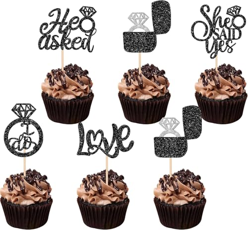 30 Stück He Asked She Said Yes Tortendeko Love I Do Cupcake Toppers Diamant Ring Bräutigam Dusche Kuchen Deko für Hochzeit Enaggement Thema Party Torte Dekorationen Schwarz von SYKYCTCY