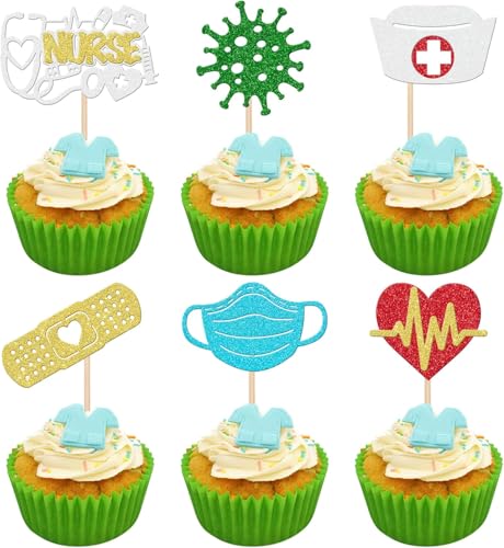 30 Stück Krankenpfleger Tortendeko Glitzer Krankenpflege Schule Abschlussfeier Kuchen Deko Nurse Cupcake Toppers für Krankenpfleger Thema Geburtstag Party Kuchen Dekorationen von SYKYCTCY