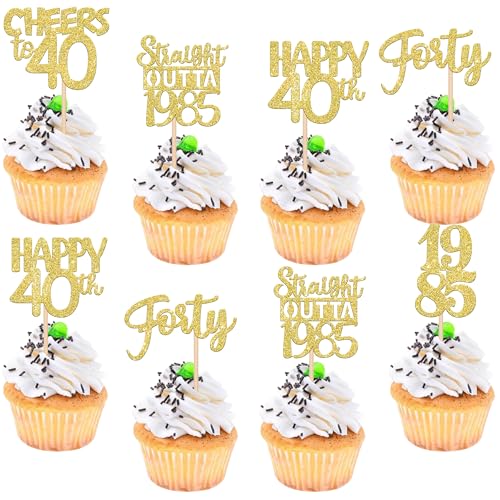 30 Stück Straight Outta 1985 Geburtstag Tortendeko Glitzer Happy 40th Forty Cupcake Toppers für Prost auf 40 Jahre Geburtstag Hochzeit Jahrestag Party Kuchen Dekoration Gold von SYKYCTCY