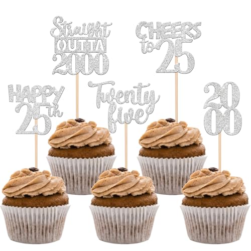 30 Stück Straight Outta 2000 Cupcake Toppers Glitzer Twenty five Kuchen Deko Happy 25th Tortendeko für Prost auf 25 Jahre Geburtstag Hochzeit Jahrestag Party Kuchen Dekoration Silber von SYKYCTCY