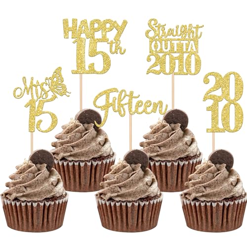 30 Stück Straight Outta 2010 Tortendeko Glitzer 15th Geburtstag Kuchen Deko Happy 15th Fifteen Cupcake Toppers für Prost auf 15 Jahre Geburtstag Hochzeit Jahrestag Party Kuchen Dekoration Gold von SYKYCTCY