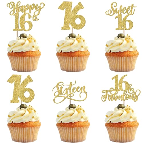 30 Stück Sweet 16th Geburtstag Cupcake Toppers Glitzer Sweet Teenager 16 Sixteen Tortendeko Happy 16 Geburtstag Jahre alt Kuchen Deko for Sixteen Geburtstag Jahrestag Party Kuchen Dekoration Gold von SYKYCTCY