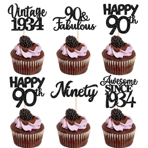 30 Stück Vintage 1934 Cupcake Toppers Glitzer Happy 90th Geburtstag Tortendeko Cheers to 90 Fabulous Ninety Kuchen Deko für 90th Geburtstag Hochzeit Jahrestag Party Schwarz von SYKYCTCY