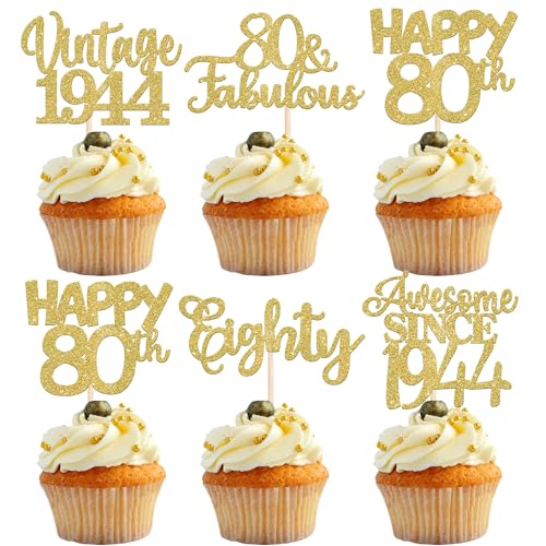 30 Stück Vintage 1944 Cupcake Toppers Glitzer Happy 80th Geburtstag Tortendeko Cheers to 80 Fabulous Eighty Kuchen Deko für 80th Geburtstag Hochzeit Jahrestag Party Gold von SYKYCTCY