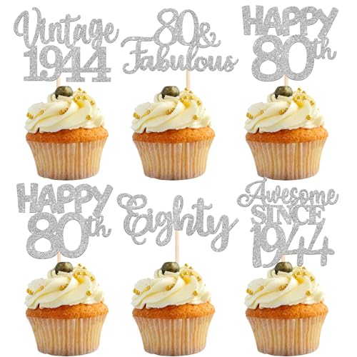 30 Stück Vintage 1944 Cupcake Toppers Glitzer Happy 80th Geburtstag Tortendeko Cheers to 80 Fabulous Eighty Kuchen Deko für 80th Geburtstag Hochzeit Jahrestag Party Silber von SYKYCTCY