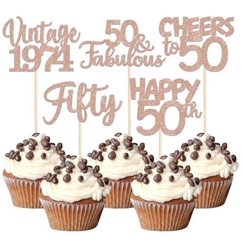 30 Stück Vintage 1974 Cupcake Toppers Glitzer Happy 50th Geburtstag Tortendeko Cheers to 50 Fabulous Fifty Kuchen Deko für 50th Geburtstag Hochzeit Jahrestag Party Rosegold von SYKYCTCY