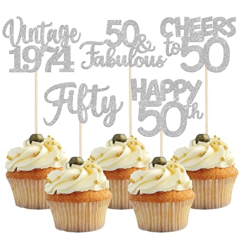 30 Stück Vintage 1974 Cupcake Toppers Glitzer Happy 50th Geburtstag Tortendeko Cheers to 50 Fabulous Fifty Kuchen Deko für 50th Geburtstag Hochzeit Jahrestag Party Silber von SYKYCTCY