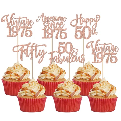 30 Stück Vintage 1975 Tortendeko Glitzer Happy 50th Fifty Awesome Since 1975 Cupcake Toppers 50 Fabulous Kuchen Deko für 50. Geburtstag Hochzeitstag Party Kuchen Dekorationen Rosegold von SYKYCTCY