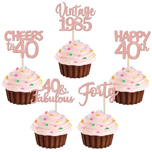 30 Stück Vintage 1985 Cupcake Toppers Glitzer Happy 40th Geburtstag Tortendeko Cheers to 40 Fabulous Forty Kuchen Deko für 40th Geburtstag Hochzeit Jahrestag Party Rosegold von SYKYCTCY