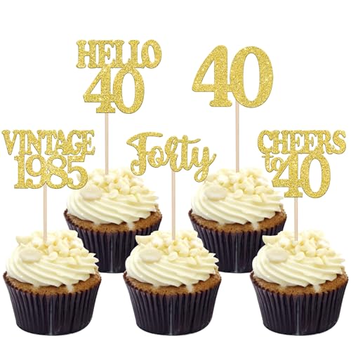 30 Stück Vintage 1985 Geburtstag Tortendeko Glitzer Happy 40th Cheers to 40 Cupcake Toppers für Prost auf 40 Jahre Geburtstag Hochzeit Jahrestag Party Kuchen Dekoration Gold von SYKYCTCY