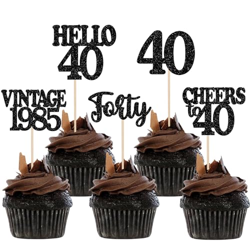 30 Stück Vintage 1985 Geburtstag Tortendeko Glitzer Happy 40th Cheers to 40 Cupcake Toppers für Prost auf 40 Jahre Geburtstag Hochzeit Jahrestag Party Kuchen Dekoration Schwarz von SYKYCTCY