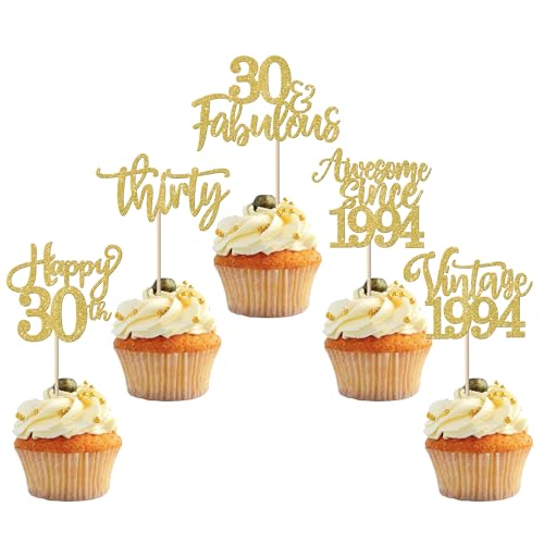 30 Stück Vintage 1994 Tortendeko Glitzer Happy 30th Thirty Awesome Since 1994 Cupcake Toppers 30 Fabulous Kuchen Deko für 30. Geburtstag Hochzeitstag Party Kuchen Dekorationen Gold von SYKYCTCY