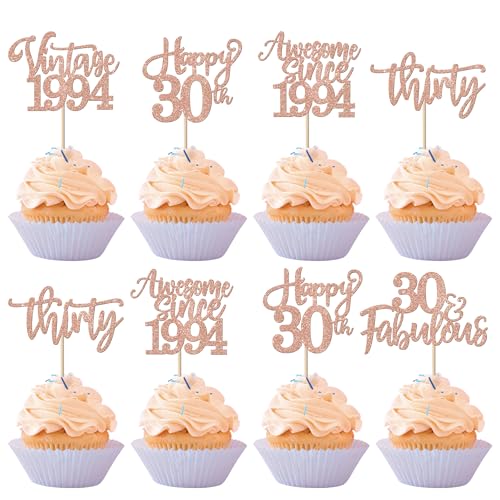 30 Stück Vintage 1994 Tortendeko Glitzer Happy 30th Thirty Awesome Since 1994 Cupcake Toppers 30 Fabulous Kuchen Deko für 30. Geburtstag Hochzeitstag Party Kuchen Dekorationen Rosegold von SYKYCTCY