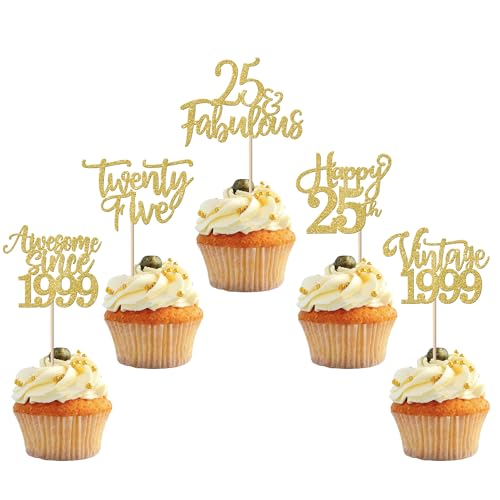 30 Stück Vintage 1999 Tortendeko Glitzer Happy 25th Twenty-five Awesome Since 1999 Cupcake Toppers 25 Fabulous Kuchen Deko für 25. Geburtstag Hochzeitstag Party Kuchen Dekorationen Gold von SYKYCTCY