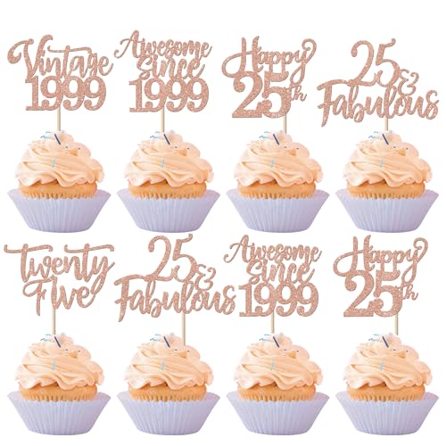 30 Stück Vintage 1999 Tortendeko Glitzer Happy 25th Twenty-five Awesome Since 1999 Cupcake Toppers 25 Fabulous Kuchen Deko für 25. Geburtstag Hochzeitstag Party Kuchen Dekorationen Rosegold von SYKYCTCY