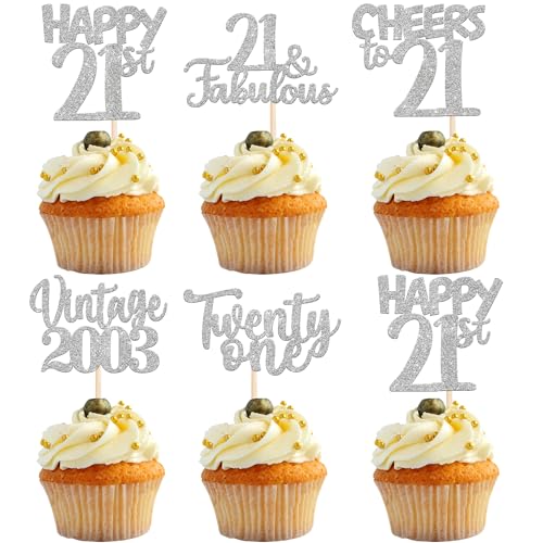 30 Stück Vintage 2003 Cupcake Toppers Glitzer Happy 21st Geburtstag Tortendeko Cheers to 21 Fabulous Twenty One Kuchen Deko für 21st Geburtstag Hochzeit Jahrestag Party Silber von SYKYCTCY