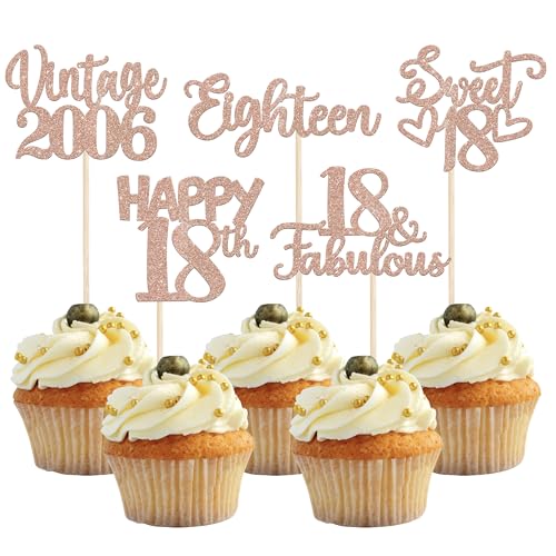 30 Stück Vintage 2006 Cupcake Toppers Glitzer Happy 18th Geburtstag Tortendeko Cheers to 18 Fabulous Eighteen Kuchen Deko für 18th Geburtstag Hochzeit Jahrestag Party Rosegold von SYKYCTCY