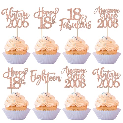 30 Stück Vintage 2006 Tortendeko Glitzer Happy 18th Eighteen Awesome Since 2006 Cupcake Toppers 18 Fabulous Kuchen Deko für 18. Geburtstag Hochzeitstag Party Kuchen Dekorationen Rosegold von SYKYCTCY