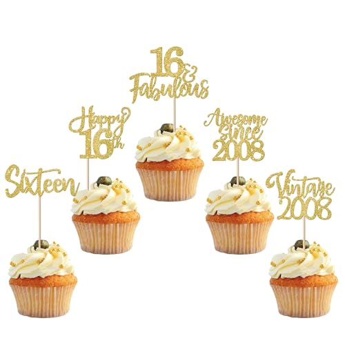 30 Stück Vintage 2008 Tortendeko Glitzer Happy 16th Sixteen Awesome Since 2008 Cupcake Toppers 16 Fabulous Kuchen Deko für 16. Geburtstag Hochzeitstag Party Kuchen Dekorationen Gold von SYKYCTCY