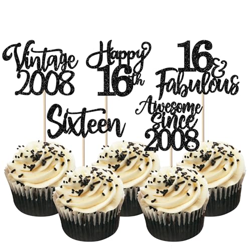 30 Stück Vintage 2008 Tortendeko Glitzer Happy 16th Sixteen Awesome Since 2008 Cupcake Toppers 16 Fabulous Kuchen Deko für 16. Geburtstag Hochzeitstag Party Kuchen Dekorationen Schwarz von SYKYCTCY