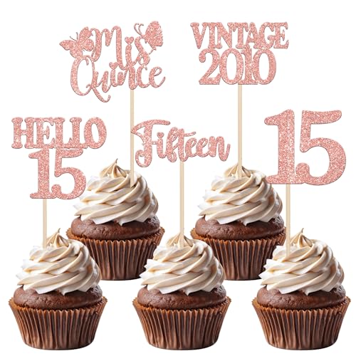 30 Stück Vintage 2010 Tortendeko Hello 15 Cupcake Toppers Happy 15th Fifteen Kuchen Deko für Prost auf 15 Jahre Geburtstag Hochzeit Jahrestag Party Kuchen Dekoration Rosegold von SYKYCTCY