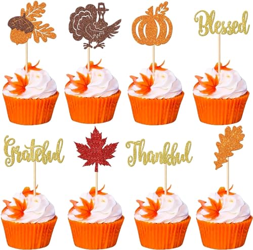 32 Stück Thankful Cupcake Toppers Glitzer Thank You Tortendeko Herbst Herbst Ahornlaub Kürbis Truthahn Kuchen Deko für Thanksgiving Day Geburtstag Party Dekorationen Bunt von SYKYCTCY