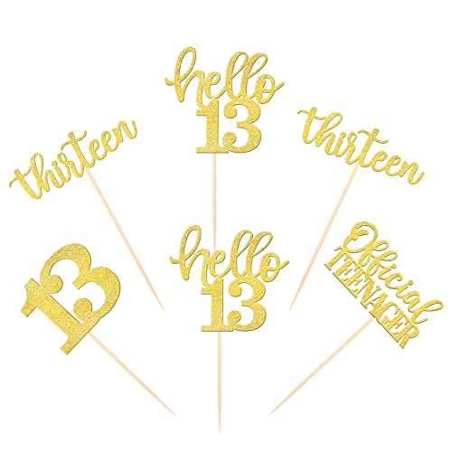 36 Stück 13th Birthday Cupcake Toppers Glitter Hello 13 Thirteen Geburtstag Tortendeko Official Teenager Muffin Dekoration for 13th Birthday Teenager Party Kuchen Dekoendeko Gold von SYKYCTCY