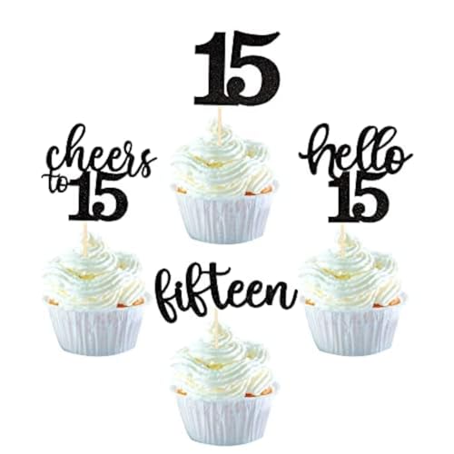 36 Stück 15th Birthday Cupcake Toppers Glitter Hallo 15 Geburtstag Tortendeko Cheers to 15 Fifteen Muffin Dekoration for 15th Birthday Teenager Party Kuchen Dekoendeko Black von SYKYCTCY