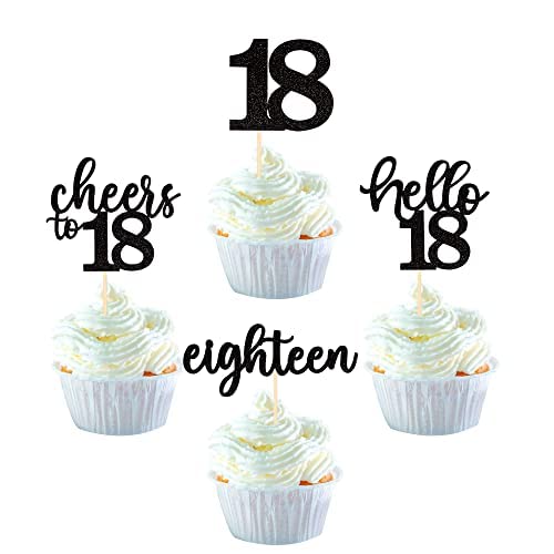 36 Stück 18th Birthday Cupcake Toppers Glitter Hallo 18 Geburtstag Tortendeko Cheers to 18 Eighteen Muffin Dekoration for 18th Birthday Teenager Party Kuchen Dekoendeko Black von SYKYCTCY