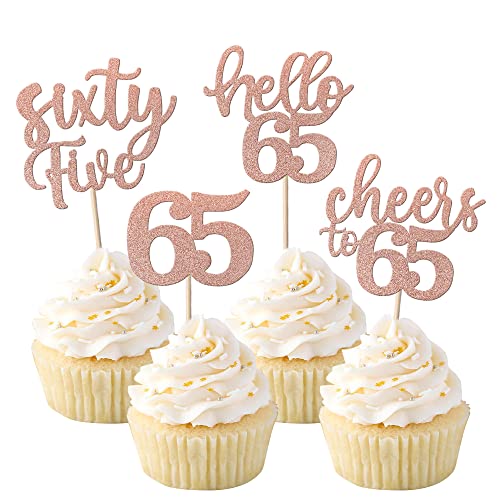 36 Stück 65th Birthday Cupcake Toppers Glitter Hallo 65 Geburtstag Tortendeko Cheers to 65 Sixty-five Muffin Dekoration for 65th Birthday Teenager Party Kuchen Dekoendeko Roségold von SYKYCTCY