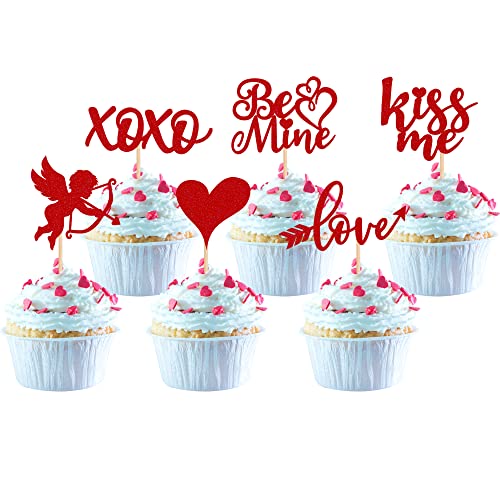 36 Stück Happy Valentine's Day Tortendeko Glitzer Be Mine Süße Liebe Cupcake Toppers Valentinstag Thema Hochzeit Braut Dusche Geburtstag Party Torte Dekorationen Rot von SYKYCTCY