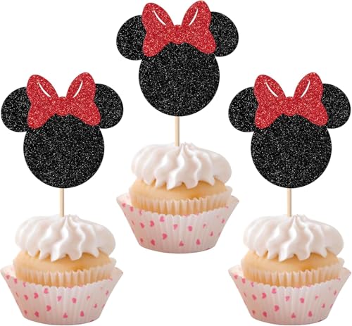 36 Stück Maus Inspiriert Tortendeko Glitzer Mini Maus Cupcake Toppers Maus Kuchen Deko mit Fliege für Baby Dusche Kinder Geburtstag Party Kuchen Dekorationen Schwarz Rot von SYKYCTCY