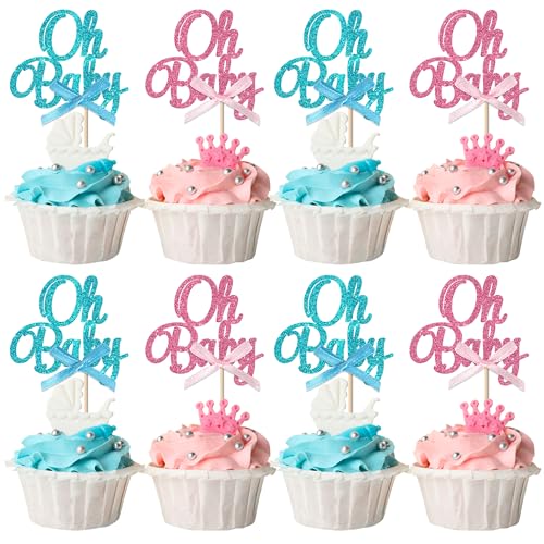 36 Stück Oh Baby Tortendeko Glitzer Baby Dusche Kuchen Deko mit Die Fliege für Baby Dusche Geschlecht Reveal Thema Party Kuchen Dekorationen Blau Rosa von SYKYCTCY