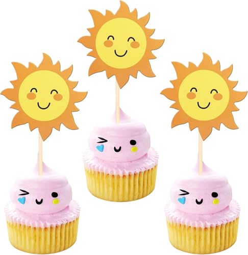 36 Stück Sonne Cupcake Toppers Doppelt Seite Sonne Blume Lächeln Gesicht Tortendeko SonneSchein Kuchen Deko für Sonne Thema Baby Dusche Kinder Geburtstag Party Kuchen Dekorationen von SYKYCTCY