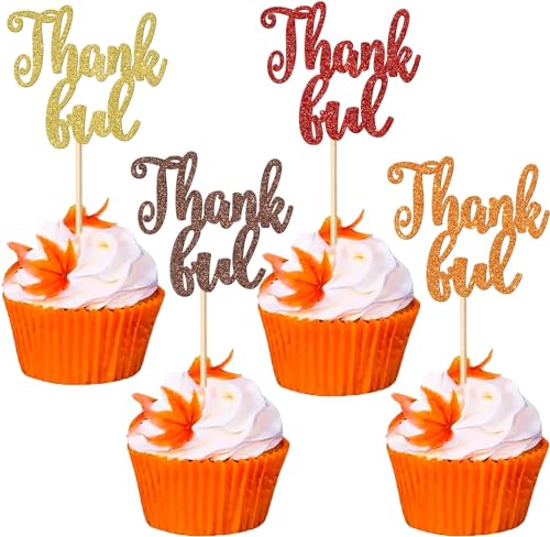 36 Stück Thankful Tortendeko Glitzer Thank You Cupcake Toppers Erntedanktag Kuchen Deko für Happy Thanksgiving Day Thema Hochzeit Geburtstag Party Kuchen Dekoendeko Buntes von SYKYCTCY