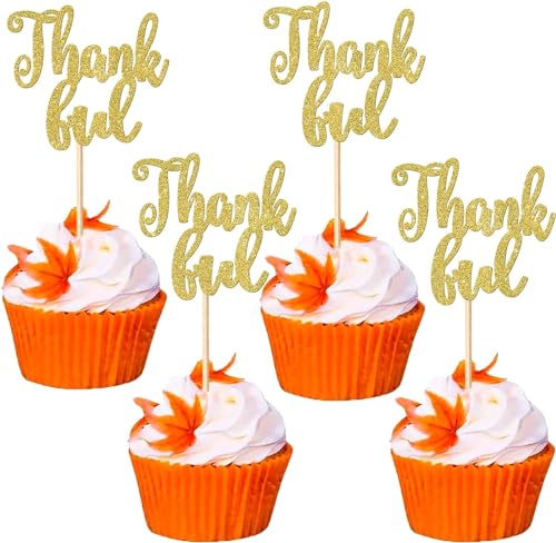 36 Stück Thankful Tortendeko Glitzer Thank You Cupcake Toppers Erntedanktag Kuchen Deko für Happy Thanksgiving Day Thema Hochzeit Geburtstag Party Kuchen Dekoendeko Gold von SYKYCTCY