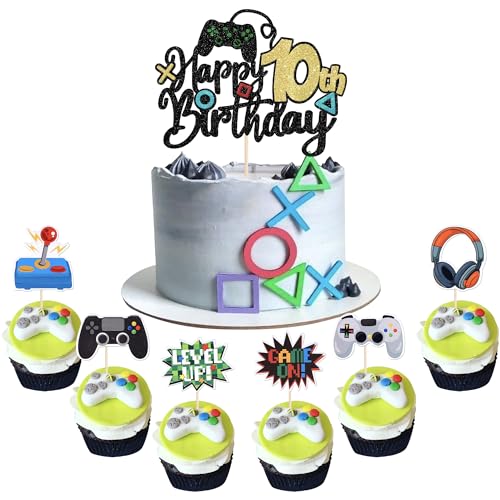 37 Stück 10th Videospiel Tortendeko Glitzer Game On Controllers 10th Geburtstag Kuchen Deko Spielkonsolen Cupcake Toppers für Videospiel Theme Jungen Mädchen 10th Geburtstag Party Kuchen Dekorationen von SYKYCTCY