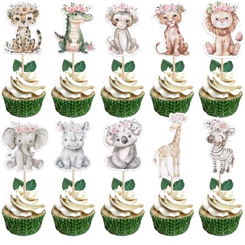 40 Stück Dschungel Tiere Tortendeko Elefant Giraffe Löwe Flusspferd Affe Zebra Cupcake Toppers Safari Tiere Kuchen Deko für Zoo Woodland Tiere Thema Baby Dusche Geburtstag Party Kuchen Dekoration von SYKYCTCY