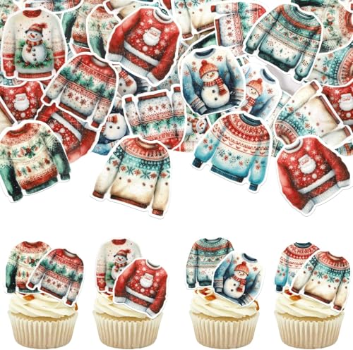 56 Stück Essbare Hässlicher Pullover Tortendeko Weihnachtsmann Muster Kuchen Deko Schneemann Muster Cupcake Toppers für Winter Frohe Weihnachten Thema Ferien Party Kuchen Dekorationen von SYKYCTCY