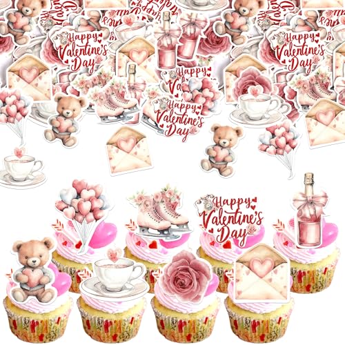 56 Stück Essbare Happy Valentine's Day Cupcake Toppers Süße Liebe Sei mein Valentinstag Tortendeko Rose Blume Bär Kuchen Deko für Valentinstag Thema Geburtstag Party Kuchen Dekorationen von SYKYCTCY