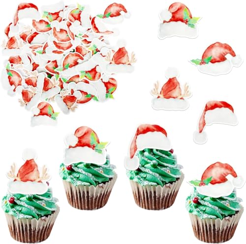 56 Stück Essbare Santahat Cupcake Toppers Frohe Weihnachten Tortendeko Nikolausmütze mit Geweih Kuchen Deko für Winter Frohe Weihnachten Thema Party Kuchen Dekorationen von SYKYCTCY