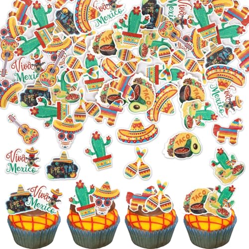 63 Stück Essbare Fiesta Cupcake Toppers Wasser Papier Kaktus Esel Tortendeko Maraca Sombrero Pepper Gitarre Kuchen Deko für Mexikanische Fiesta Thema Baby Dusche Geburtstag Party Kuchen Dekorationen von SYKYCTCY