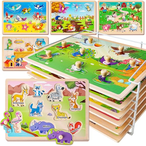 SYNARRY 6 Set Kinder Holzpuzzle ab 2 3 Jahre, Montessori Spielzeug Steckpuzzle für Babys Kleinkinder, Tier Lernspielzeug Geschenke für Jungen Mädchen von SYNARRY