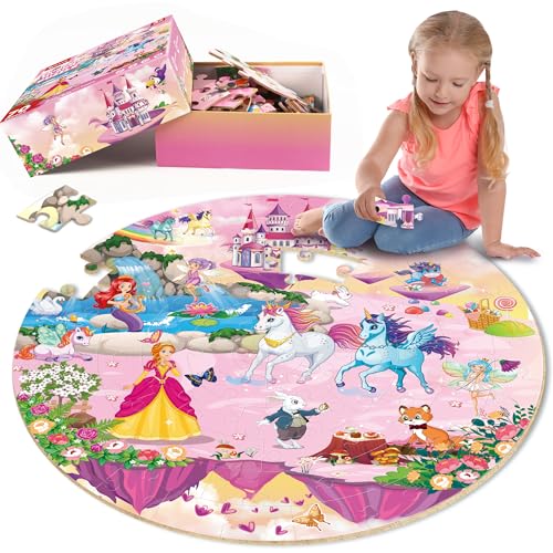 SYNARRY Große Einhorn Prinzessin Boden Puzzle für Kinder ab 3 4 5 6 7 8 Jahren, 70 Teile Kinderpuzzle Einhorn Holz, Lernspielzeug Spiele Geschenk für Jungen Mädchen von SYNARRY