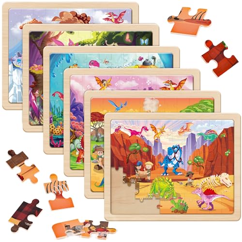 SYNARRY Dinosaurier Puzzle ab 3 4 5 6 7 Jahre, 6×60 Teile Kinderpuzzle Dino Holz, Spielzeug ab 3 4 5 6 7 8 Jahre Junge, Vorschule Lehrreiches Spielzeug, Geschenke für Kinder für Jungen Mädchen von SYNARRY