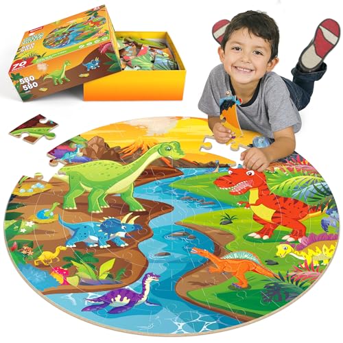 SYNARRY Große Dinosaurier Bodenpuzzle für Kinder ab 3 4 5 6 7 8 Jahren, 70 Teile Kinderpuzzle Dino Holz, Lernspielzeug Geschenk für Jungen Mädchen von SYNARRY