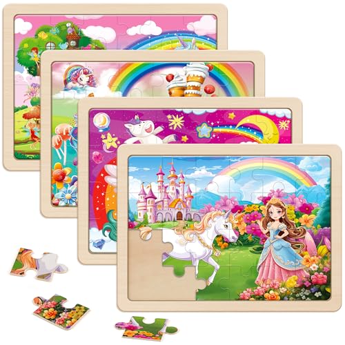 SYNARRY Puzzle Einhorn Prinzessin ab 3 4 5 6 Jahre, 4x24 Teilen Kinder Mädchen Holzpuzzle, Vorschule Lehrreiches Spielzeug, Geschenke für Kinder Mädchen Jungen von SYNARRY