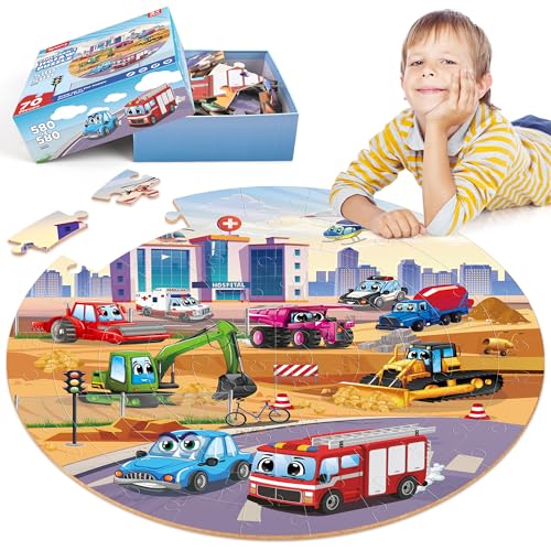 SYNARRY Große Fahrzeuge Boden Puzzle für Kinder ab 3 4 5 6 7 8 Jahren, 70 Teile Kinderpuzzle Bagger Traktor, Lernspielzeug Geschenk für Jungen Mädchen von SYNARRY